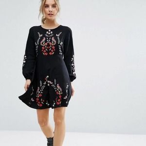 New Look Petite Black Colorful Boho Bird Floral Embroidered Sheath Mini Dress